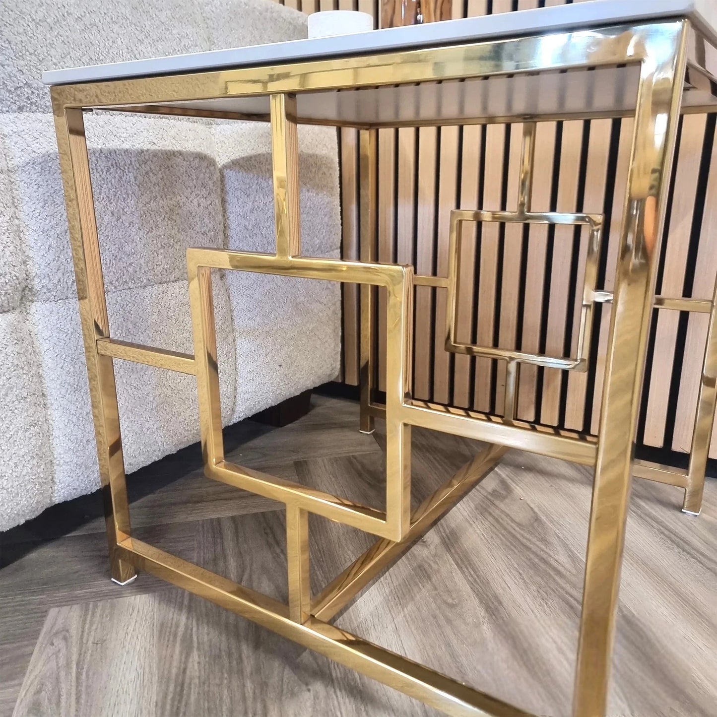 Luxury Nori Art Deco Style Gold Side End Lamp Table With 55x55cm Polar White Stone Top