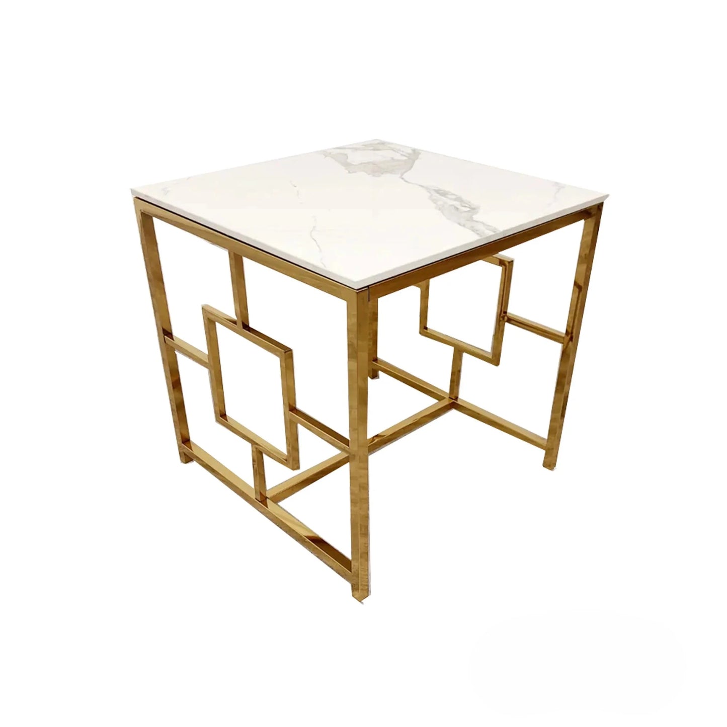 Luxury Nori Art Deco Style Gold Side End Lamp Table With 55x55cm Polar White Stone Top