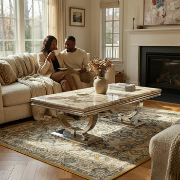 Luxury Orvar 130cm Chrome Coffee Table With Cream/Beige Marble Top And Ring Stand