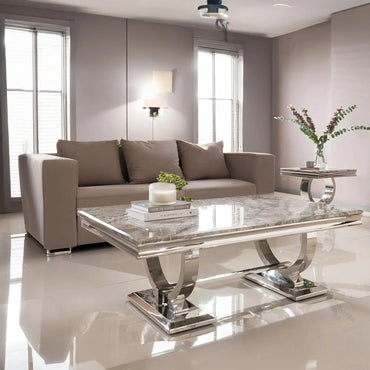 Luxury Orvar 130cm Chrome Coffee Table With Light Grey Marble Top And Ring Stand