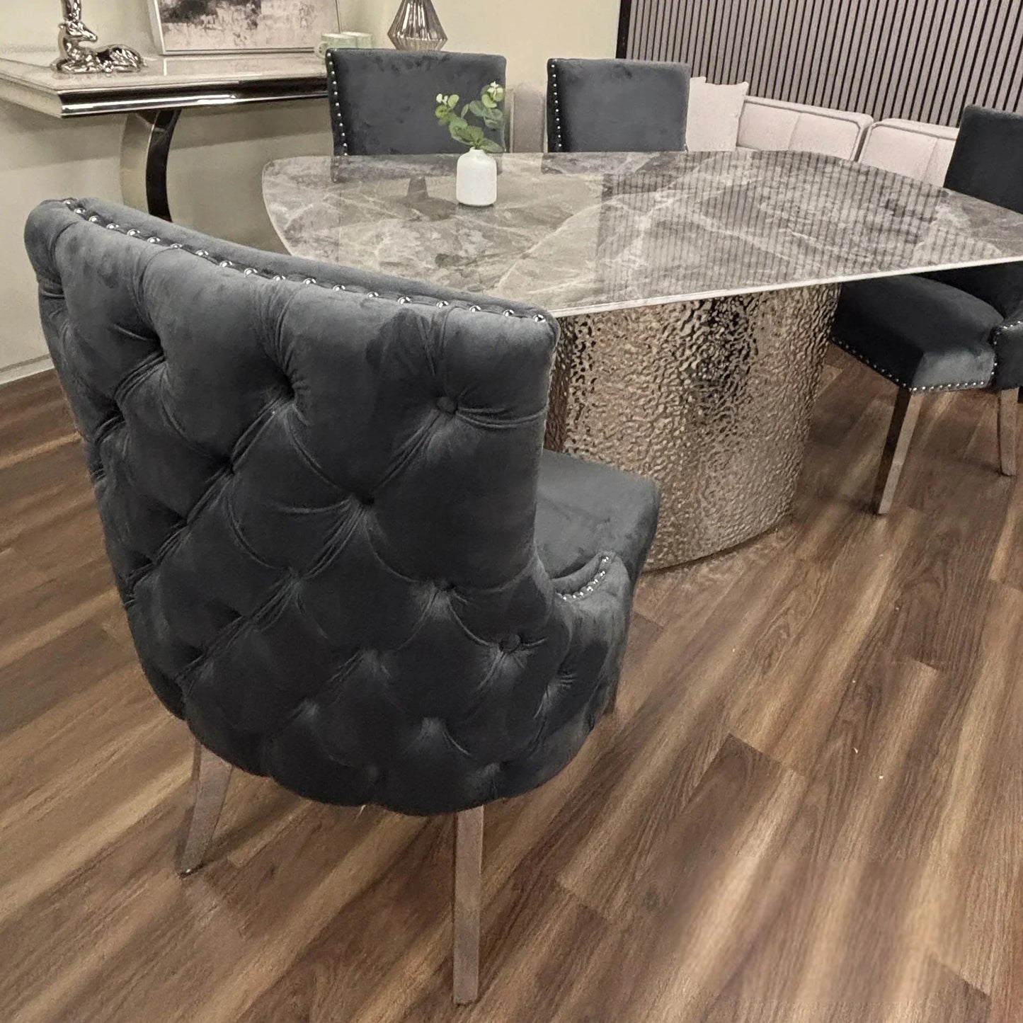 Luxury Oskar Dark Grey Velvet Dining Chair With Deep Button Back And Chrome Legs
