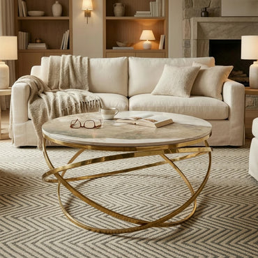 Luxury Stig 80cm Gold Round Coffee Table With Cream Sintered Stone Top