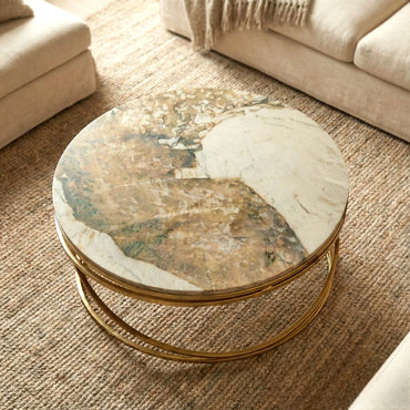 Luxury Stig 80cm Gold Round Coffee Table With Cream Sintered Stone Top