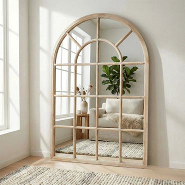 Luxury Torin 135cm Rustic Washed Wood Arched Window Wall Mirror