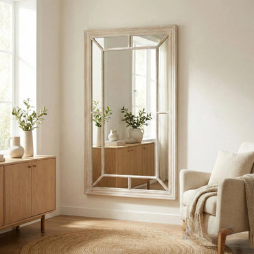 Luxury Torin 150cm Medium Washed Wood Architectural Window Wall Mirror