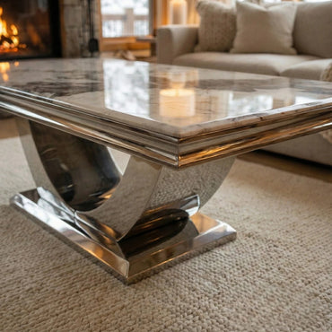 Luxury Urban 130cm Chrome Coffee Table With Cream/Beige Marble Top And U Stand Design