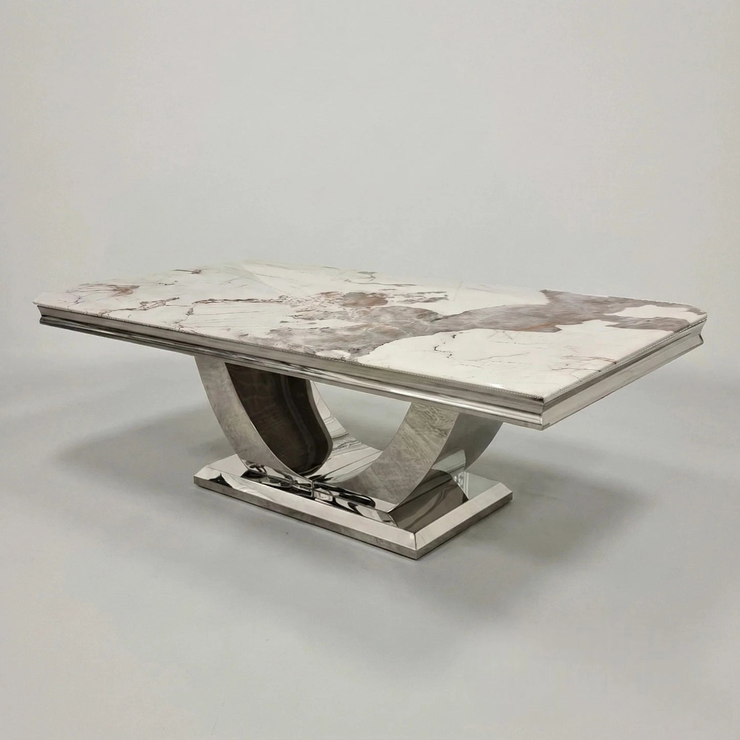 Luxury Urban 130cm Chrome Coffee Table With Cream/Beige Marble Top And U Stand Design