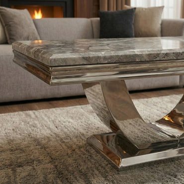 Luxury Urban 130cm Chrome Coffee Table With Light Grey Marble Top And U Stand Design