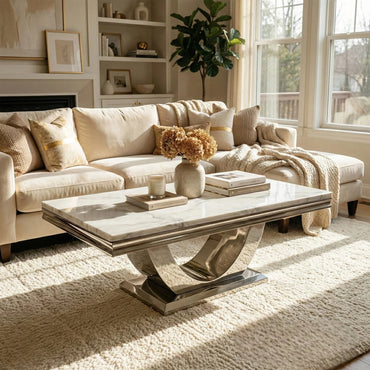 Luxury Urban 130cm Chrome Coffee Table With White Marble Top And U Stand Design