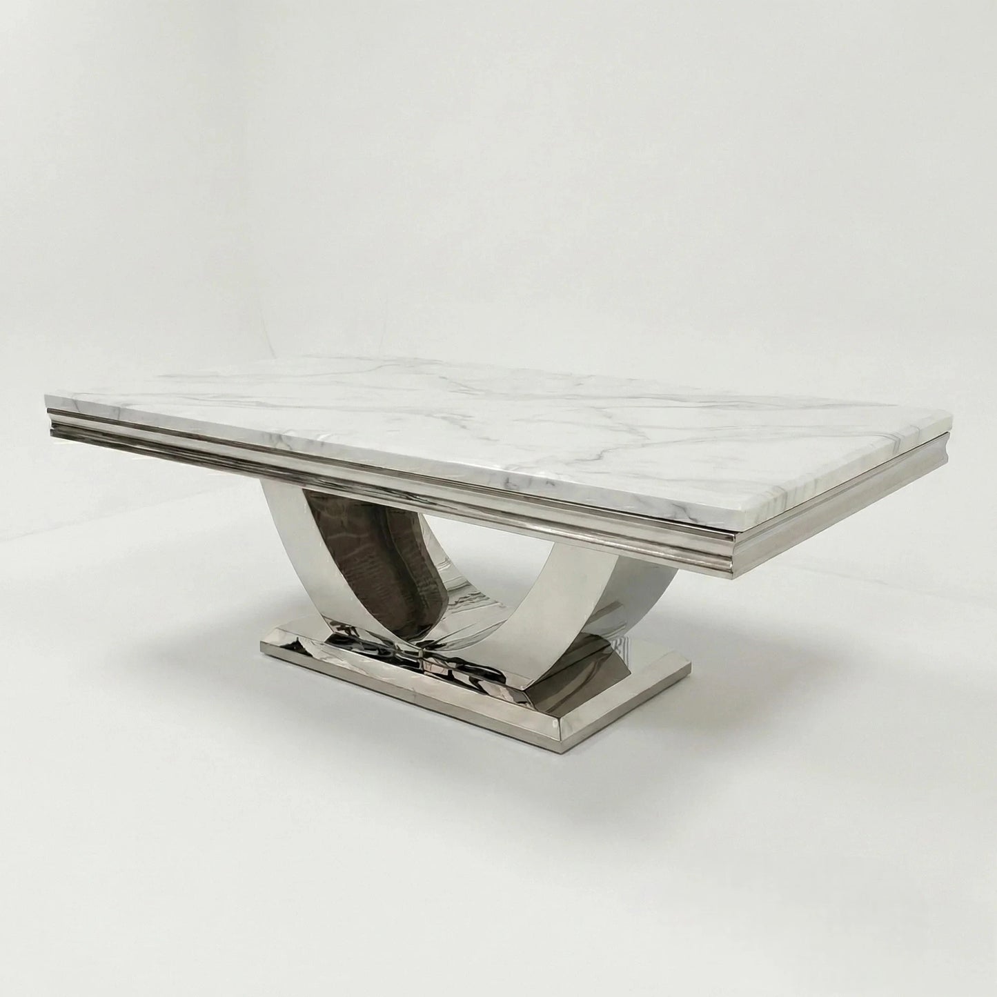 Luxury Urban 130cm Chrome Coffee Table With White Marble Top And U Stand Design
