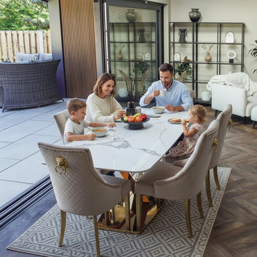 Luxury Vittoria 1.8m Slimline Gold Dining Set White Sintered Stone Table With Henrik Velvet Chairs