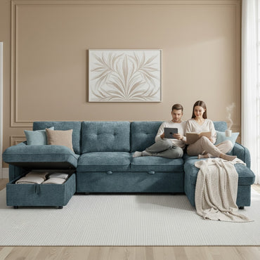 Moscow Sofabed Blue Fabric U Shape Storage Corner Sofa