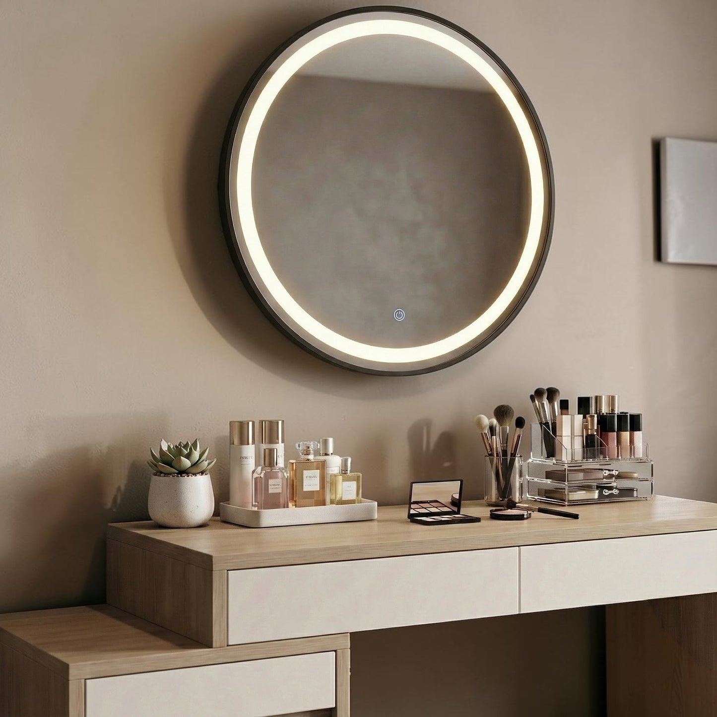 Orbit 80cm Round LED Wall Mirror With Black Aluminium Frame
