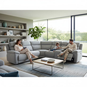 Owen Electric Recliner Grey Fabric Cinema Console Large Corner Sofa