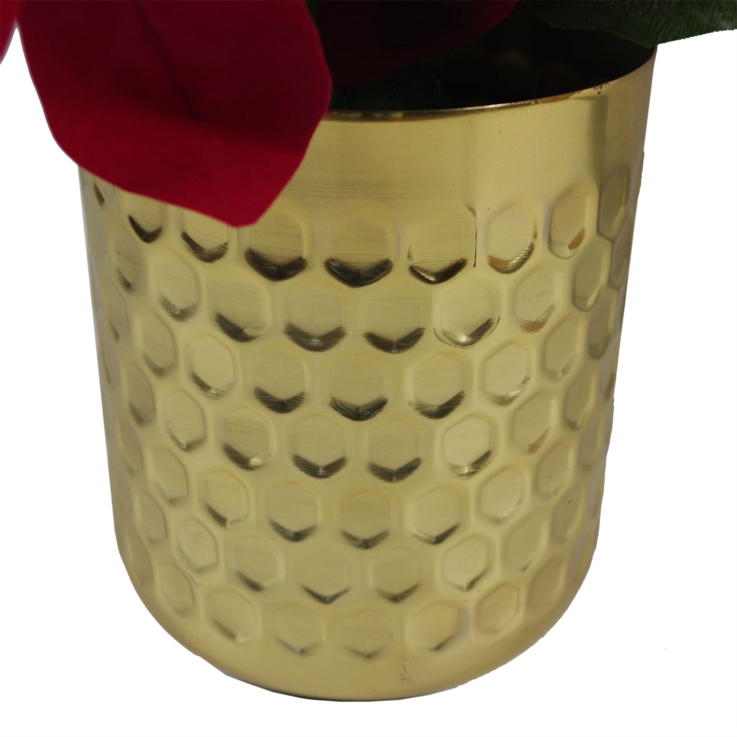 Artificial Christmas Xmas Red Poinsettia 40cm Gold Honeycomb Metal Planter