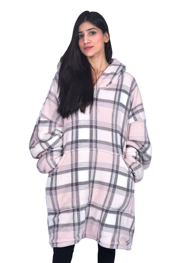 PINK CHECK FLEECE BLANKET HOODIE PINK