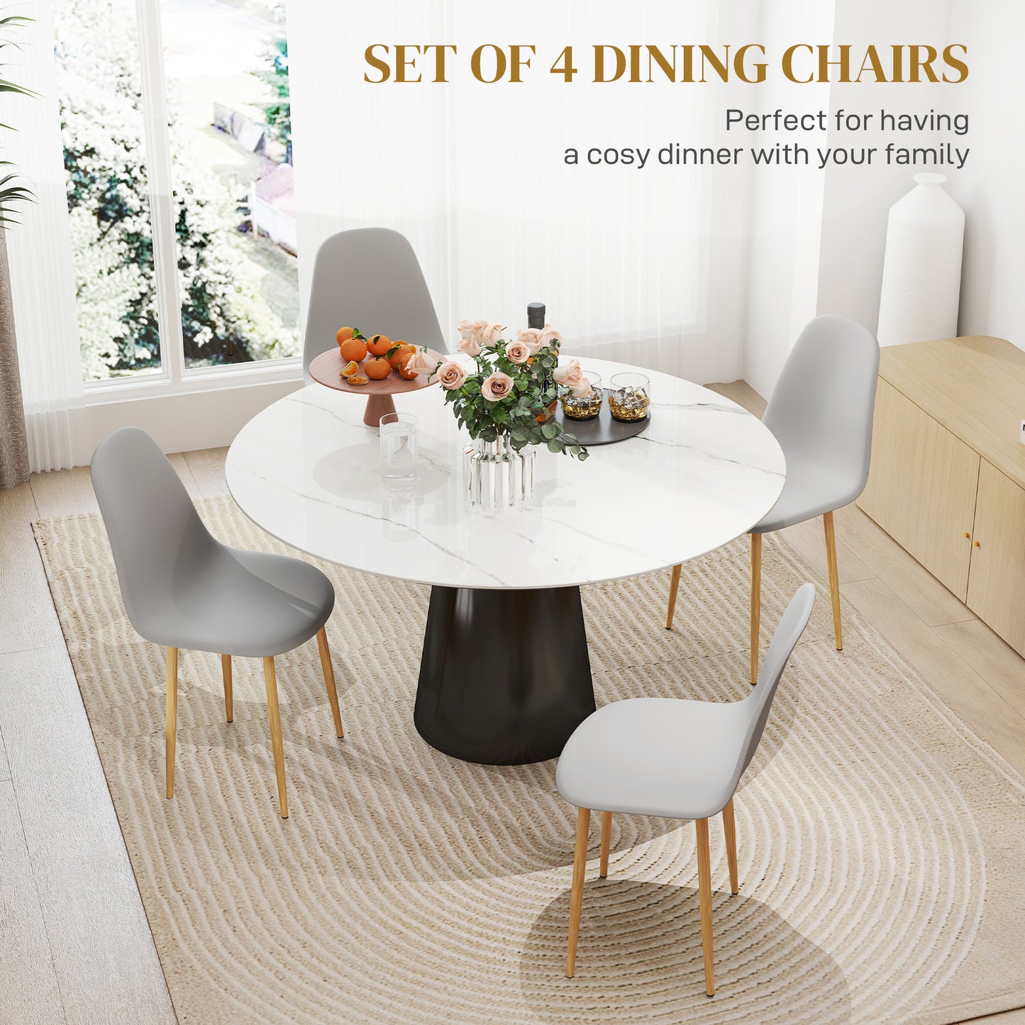 Aurora Dining Chairs Set of 4 w/ Curved Back, Steel Legs, Grey