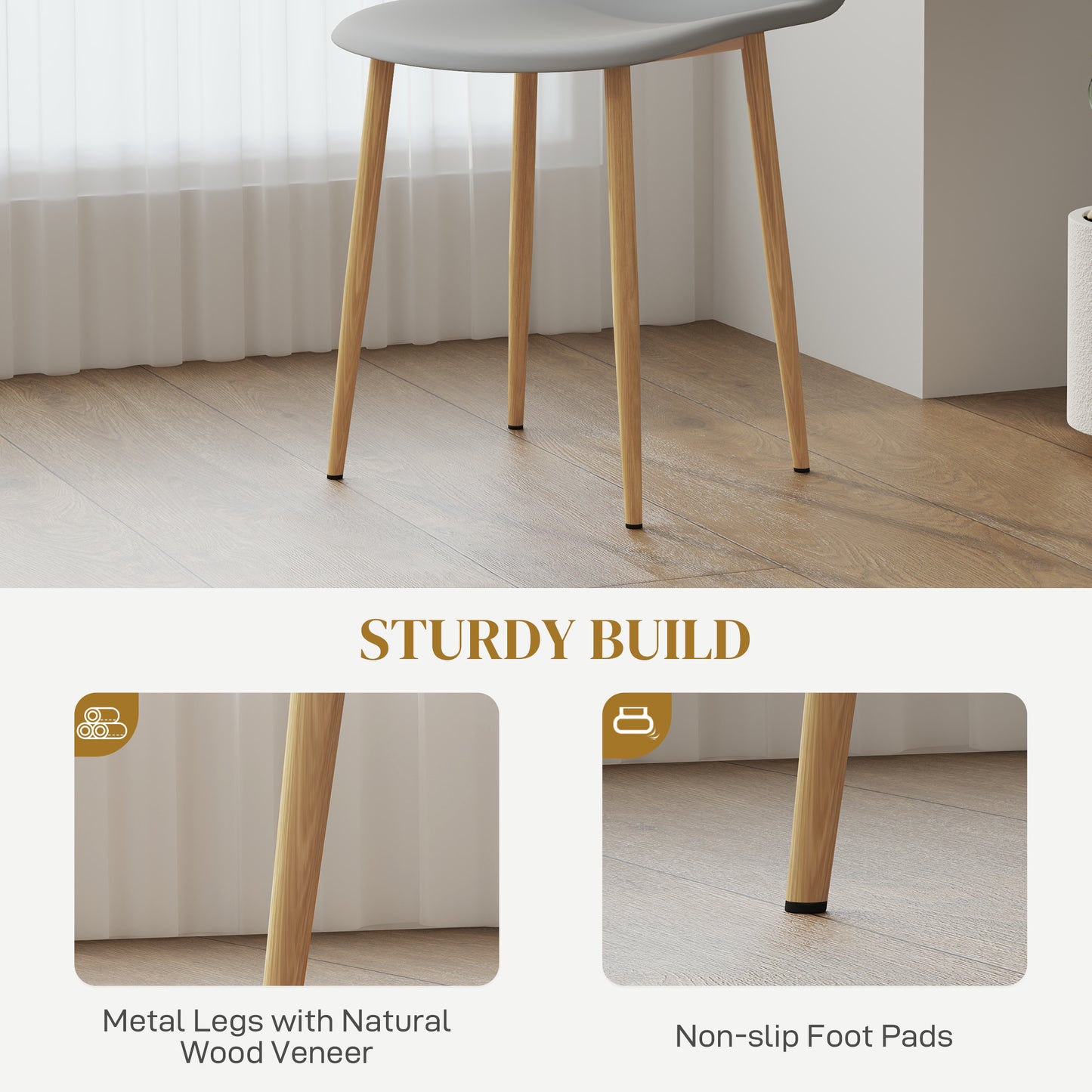 Aurora Dining Chairs Set of 4 w/ Curved Back, Steel Legs, Grey