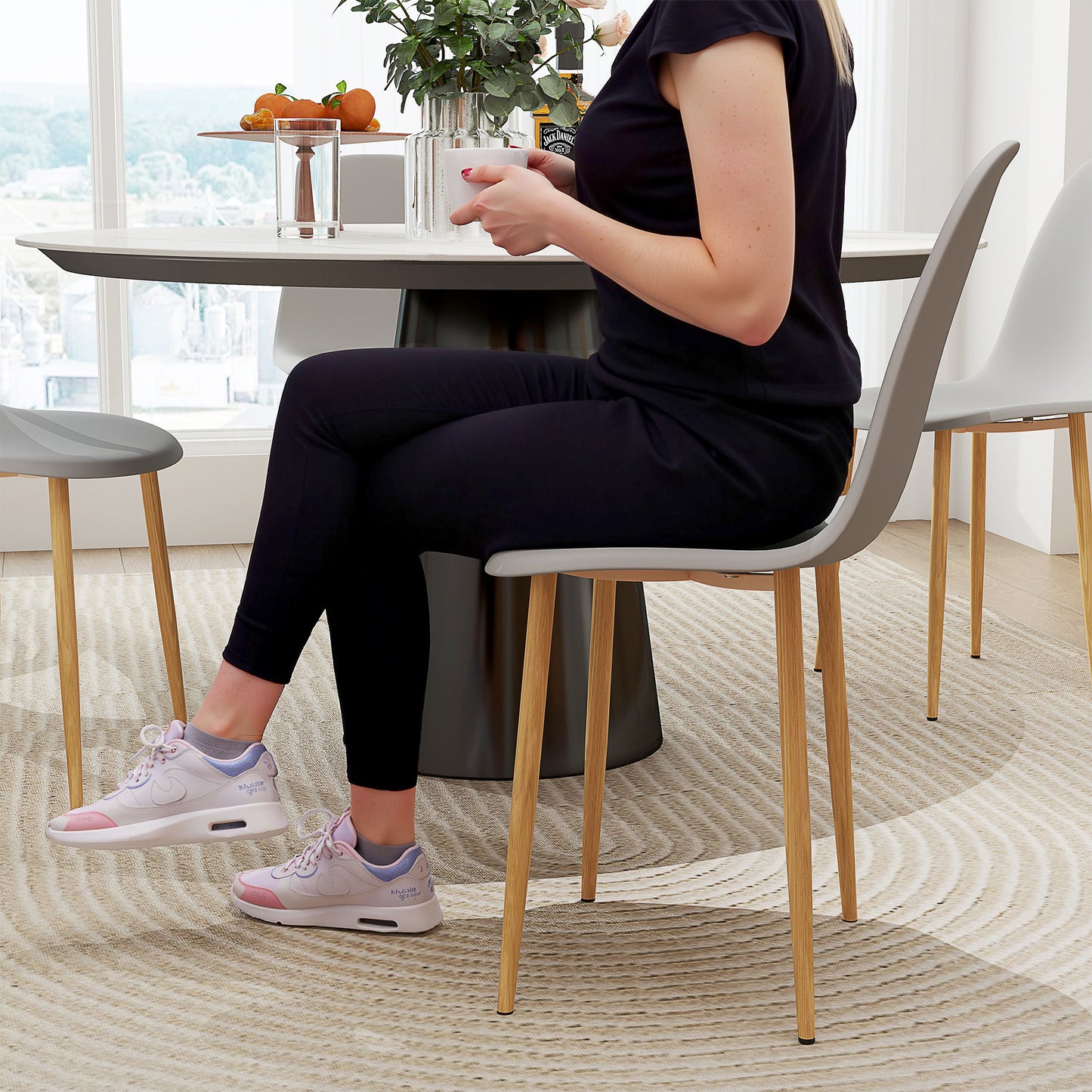Aurora Dining Chairs Set of 4 w/ Curved Back, Steel Legs, Grey