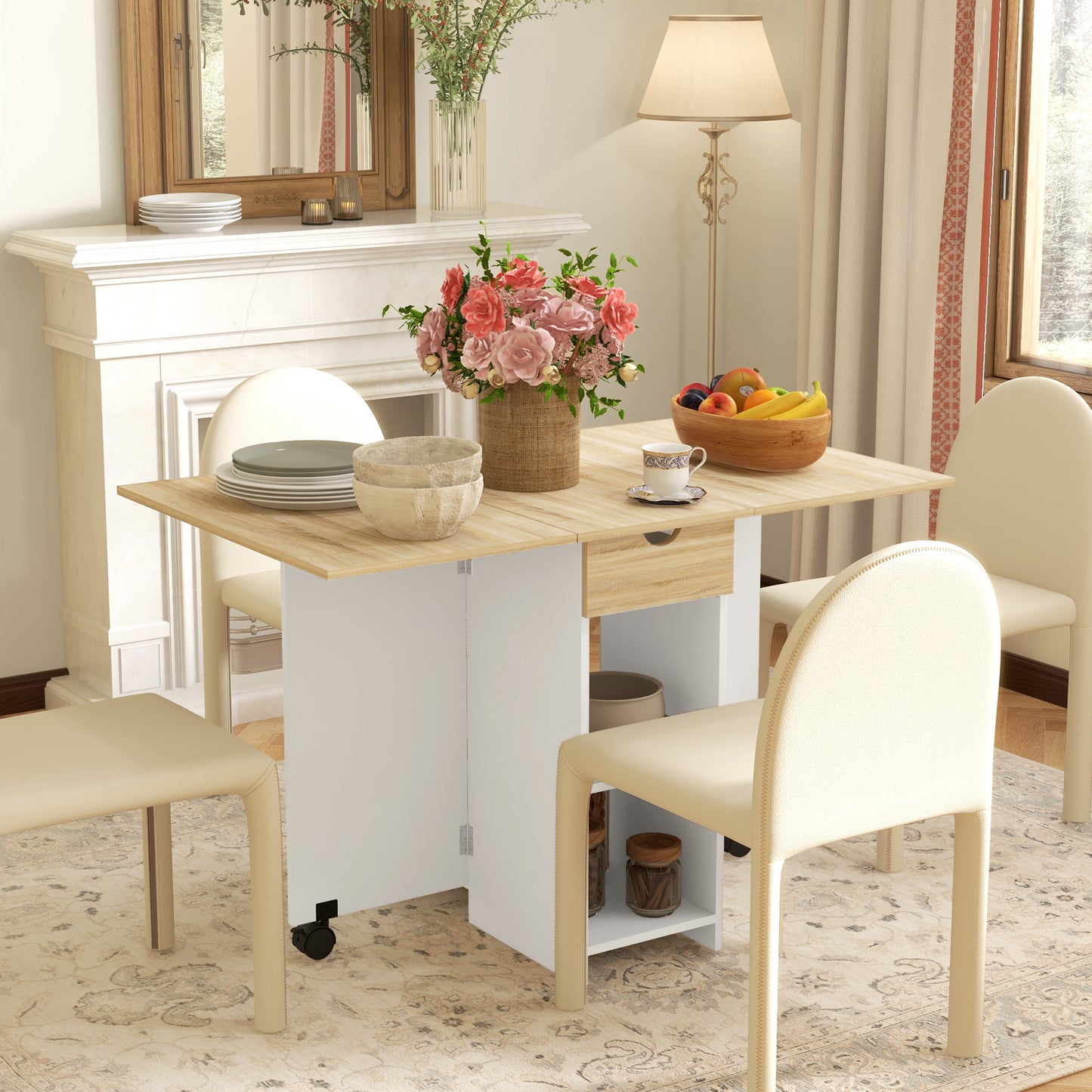 Aurora Foldable Dining Table, Drop Leaf Table with Storage for Kitchen, Oak