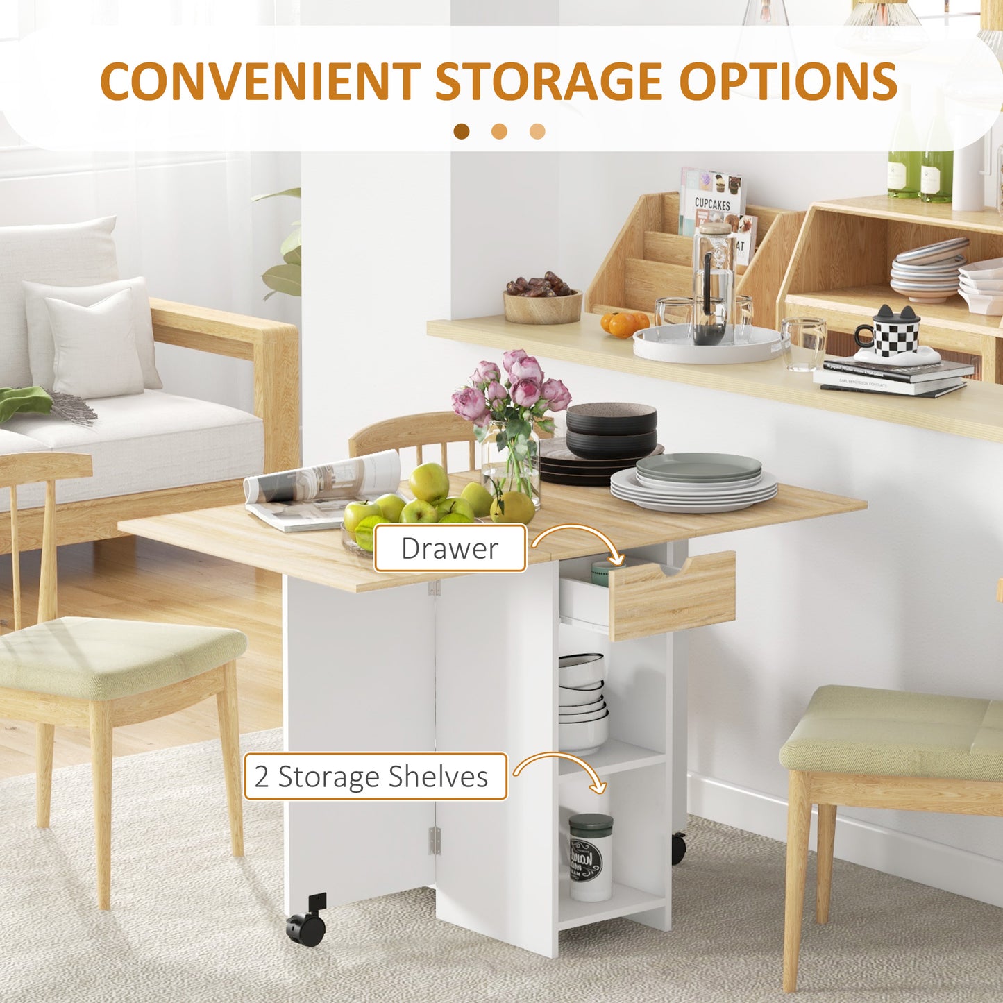 Aurora Foldable Dining Table, Drop Leaf Table with Storage for Kitchen, Oak