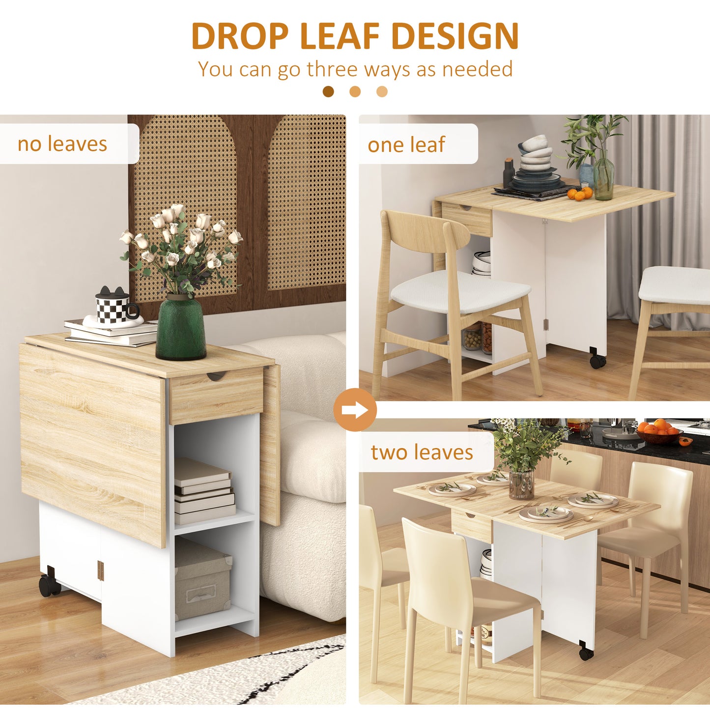 Aurora Foldable Dining Table, Drop Leaf Table with Storage for Kitchen, Oak