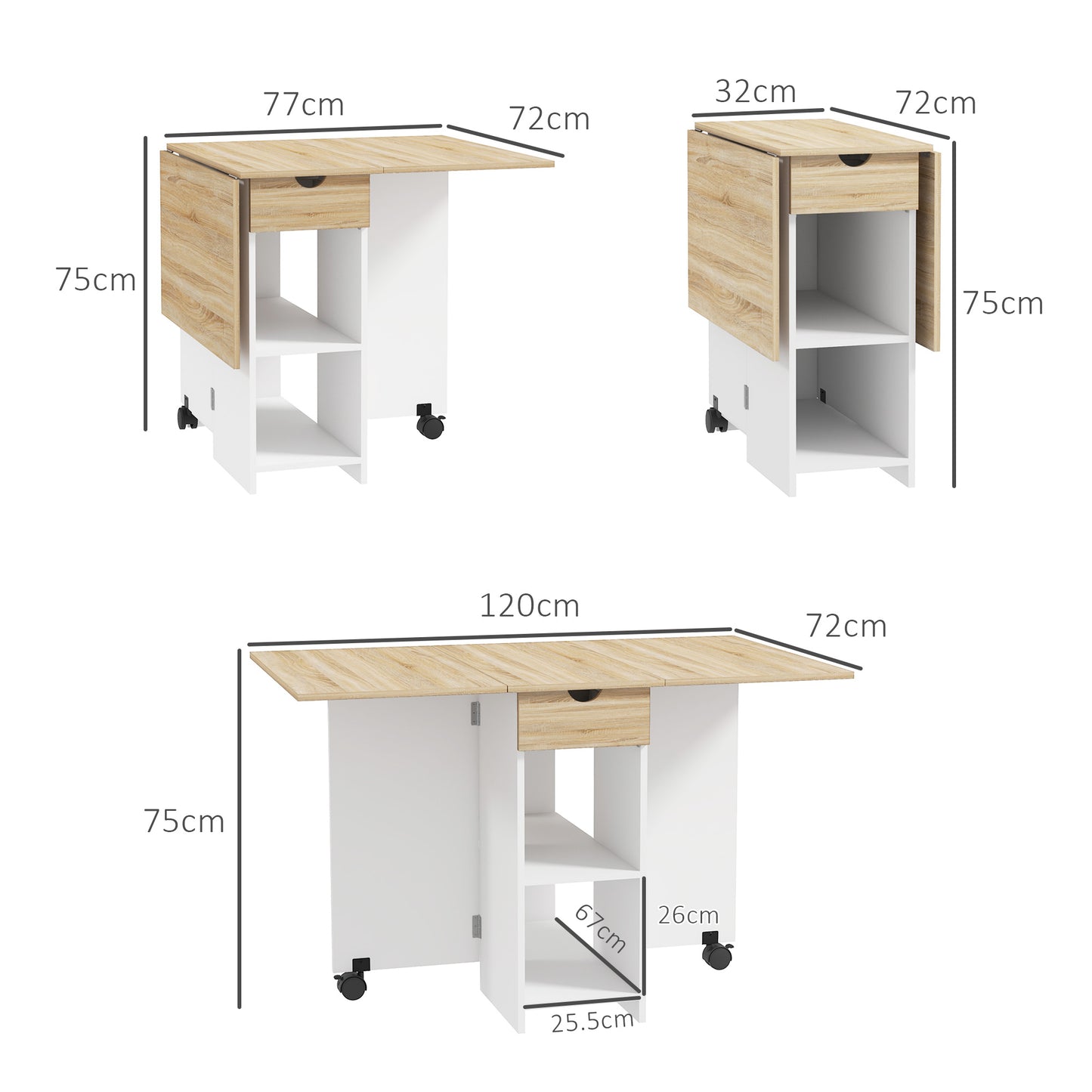 Aurora Foldable Dining Table, Drop Leaf Table with Storage for Kitchen, Oak