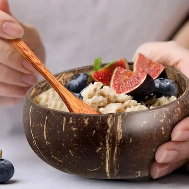 Natural Reusable Coconut Bowls And Wooden Spoon