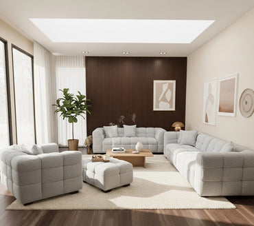 ALUXO Tribeca Bubble Sofa Set 4+3+1+Footstool In Pearl Grey Boucle Fabric