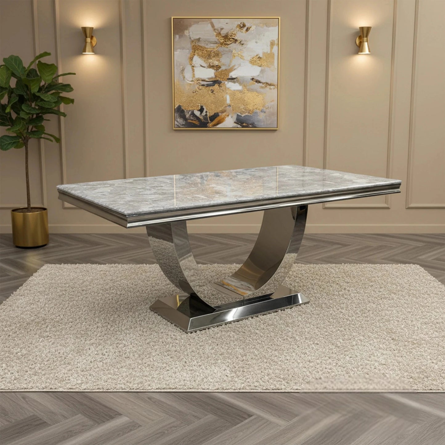Luxury Urban 1.8m Light Grey Marble Dining Set Chrome U Base Table With Einar Grey Velvet Chairs