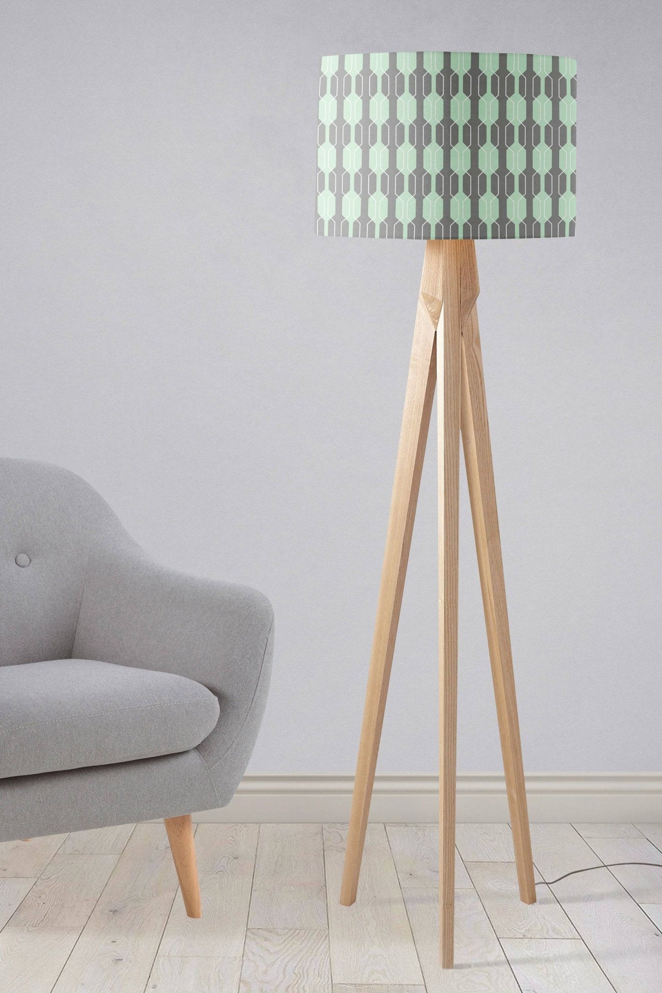 Grey and Mint Green Drum Lampshade, Geometric Design Shade for Table, Floor or Ceiling Pendant Light