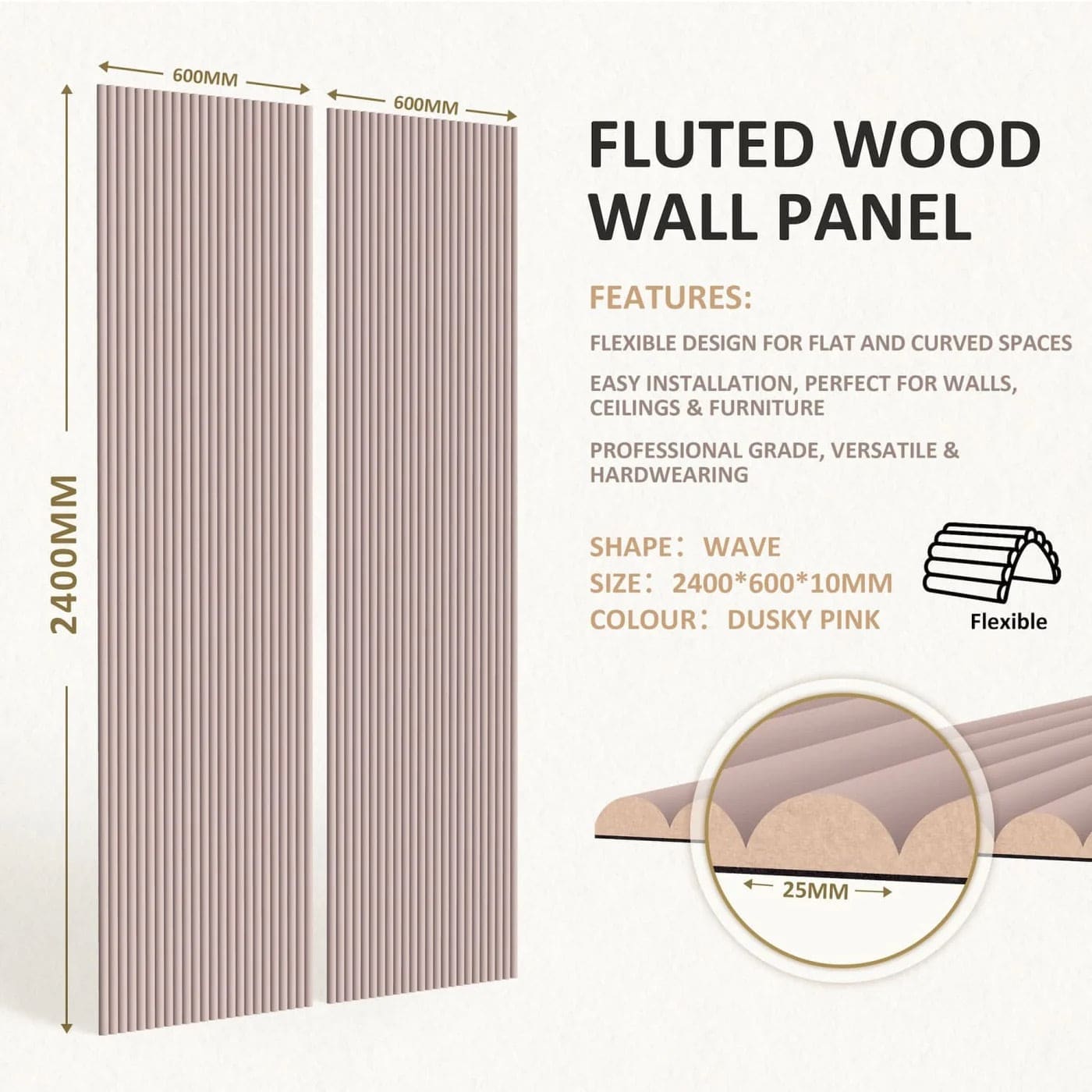 Large Fluted Wall Panels in Dusky Pink - 240cm x 60cm