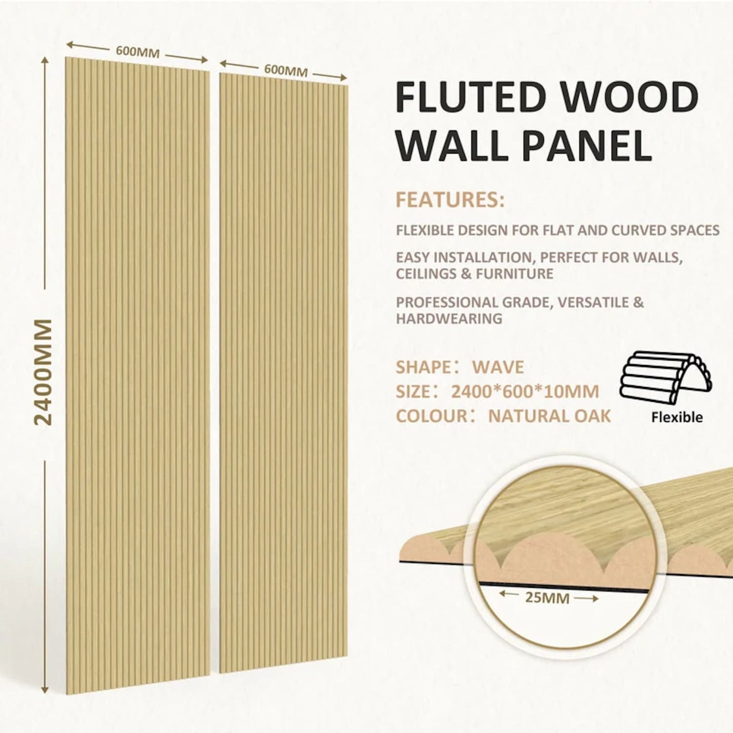 Large Fluted Wall Panels in Natural Oak - 240cm x 60cm