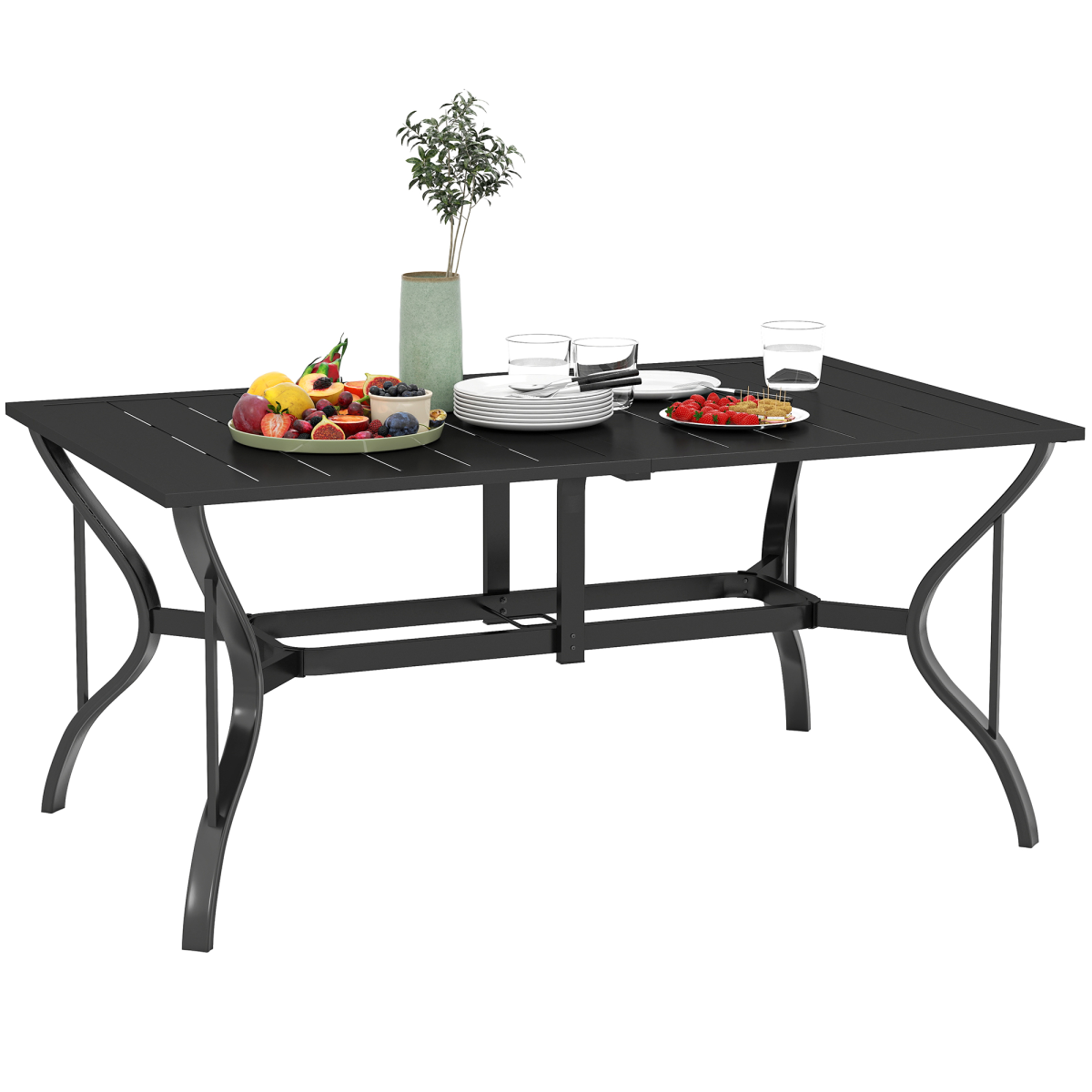 Outsunny Garden Dining Table with Steel Frame and Slatted Top for Balcony Black