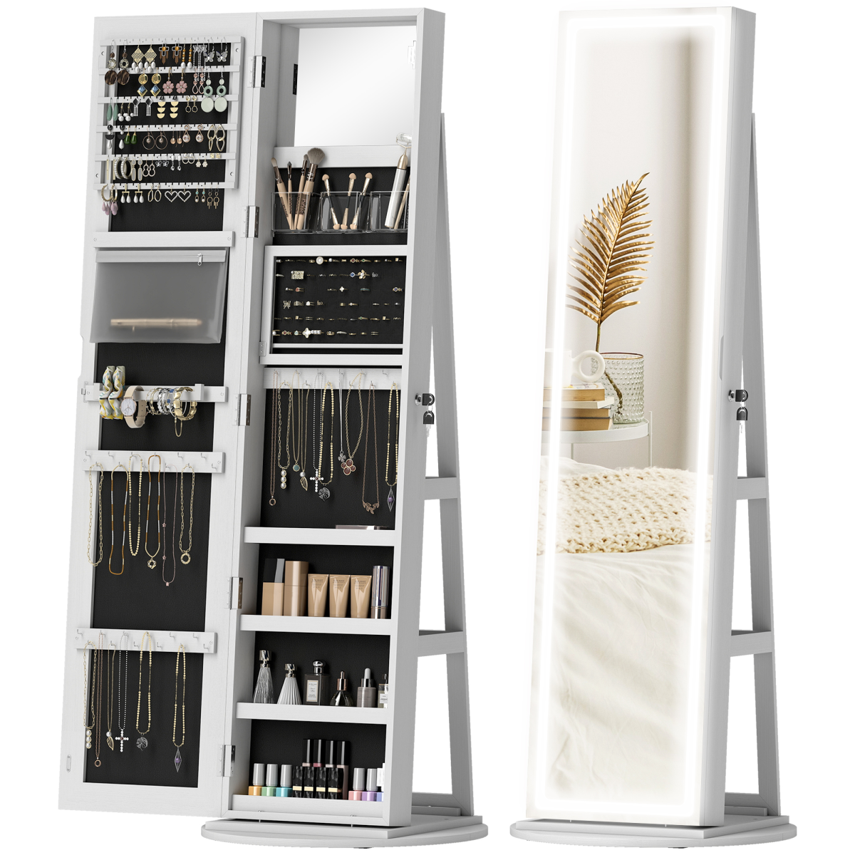HOMCOM 360° Swivel Jewellery Cabinet, Full Length Mirror with Storage, White