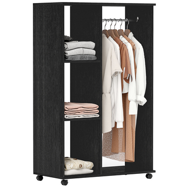 Rolling Open Wardrobe Hanging Rail Storage Shelves for Clothes, Black