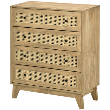 Rattan Chest of Drawers 4-Drawer Dresser Storage Cabinet Bedroom, Wood Effect
