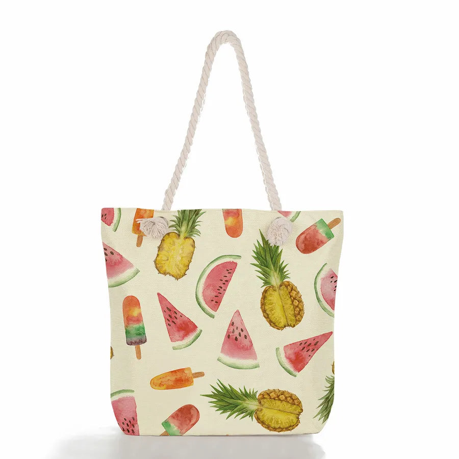 Women's cotton and linen Fruit Strawberry Cute Square Zipper Tote Bag
