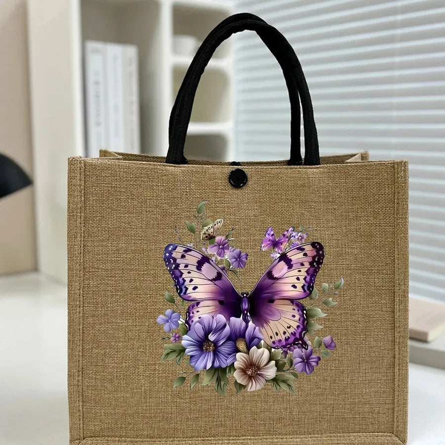 Women's Linen Flower Butterfly Elegant Square Buckle Tote Bag