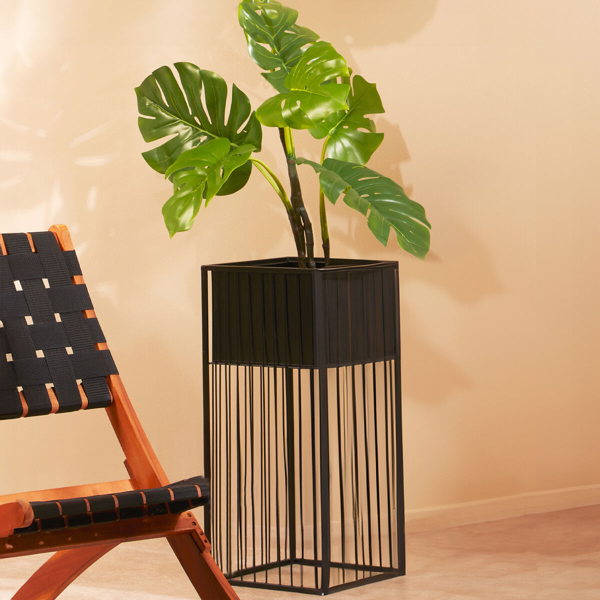 Alden Black Metal Square Floor Standing Planter with Mid-Level Pot