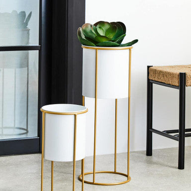 Large White and Gold Floor Standing Planter | Trosa