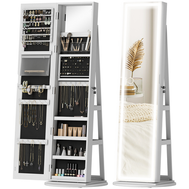 HOMCOM 360° Swivel Jewellery Cabinet, Full Length Mirror with Storage, White