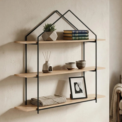 Brixton Black and Natural Wooden 3 Tier House Shaped Wall Shelf