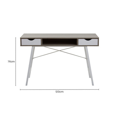 Bradbury Light Oak Veneer and White 2 Drawer Desk with Metal Frame