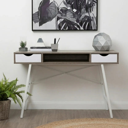 Bradbury Light Oak Veneer and White 2 Drawer Desk with Metal Frame