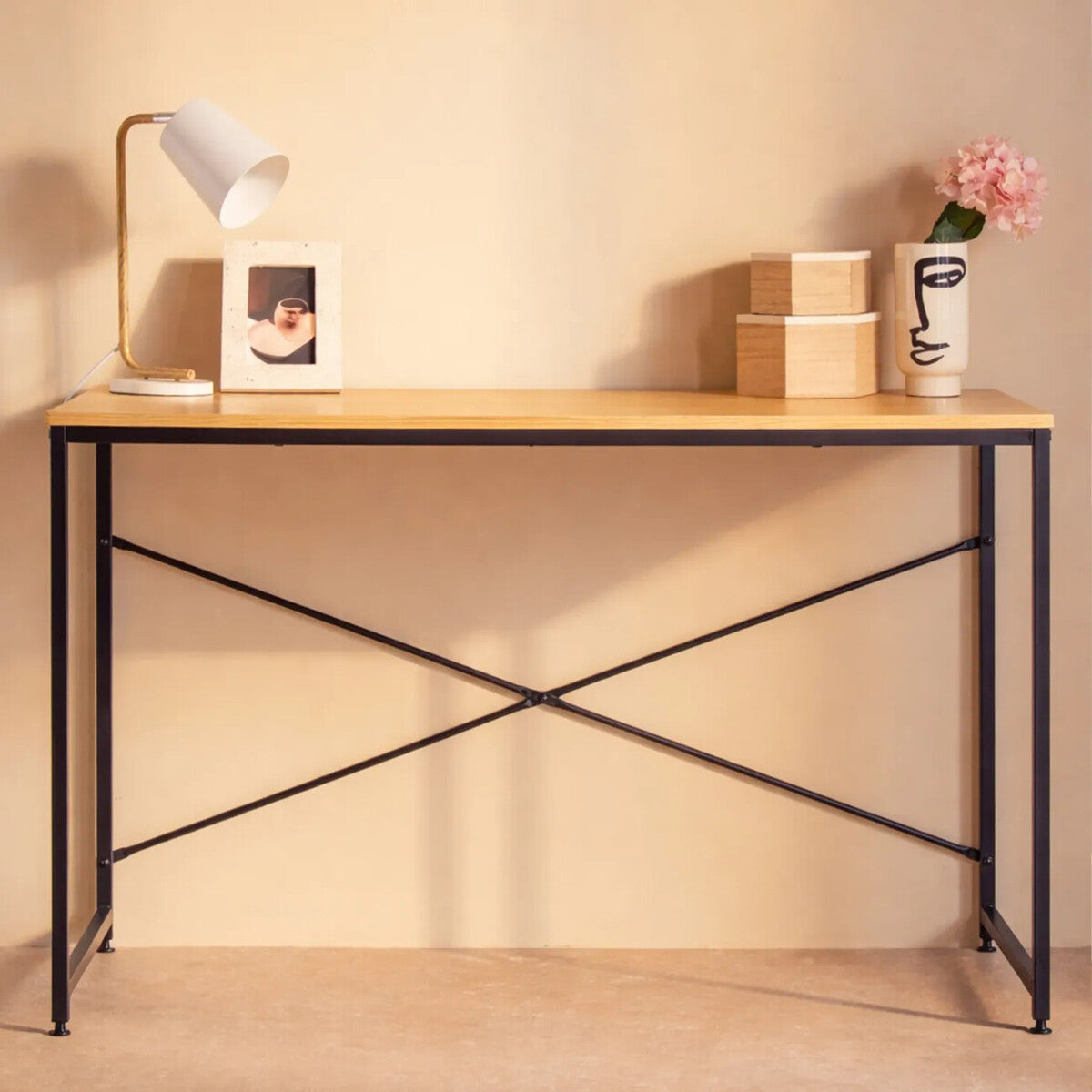 Laxton Light Oak Effect Desk with Black Finish Frame