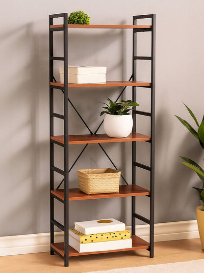 Laxton Wood Effect 5 Tier Small Shelf Unit with Black Finish Frame