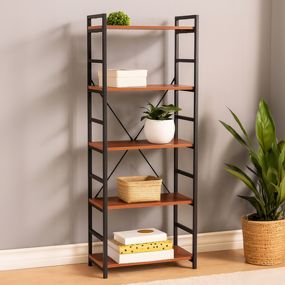 Laxton Wood Effect 5 Tier Small Shelf Unit with Black Finish Frame