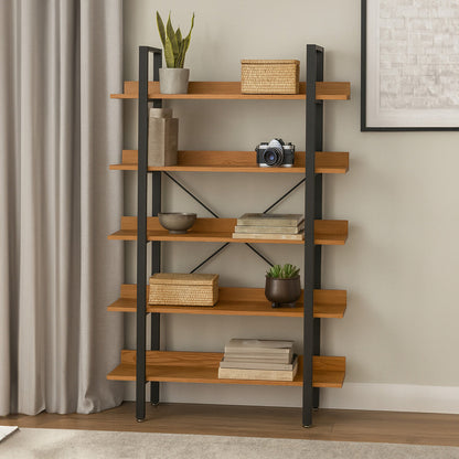 Laxton Wood Effect 5 Tier Large Shelf Unit with Black Finish Frame