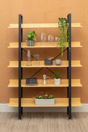 Laxton Light Oak Effect 5 Tier Large Shelf Unit with Black Finish Frame